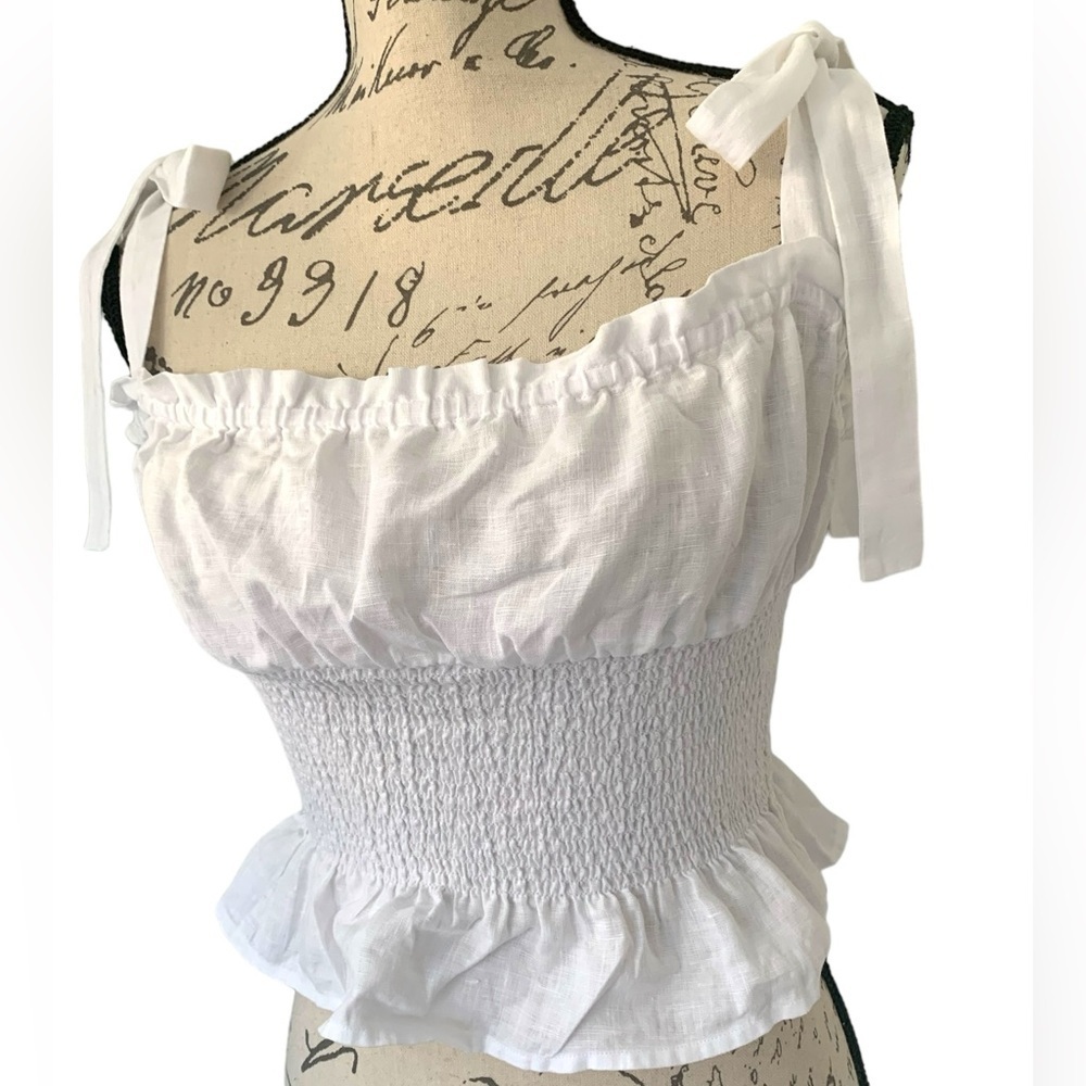 Aritzia Wilfred Ballad Smocked Linen Tie Strap Peplum Cami Top Size Medium - Picture 4 of 9